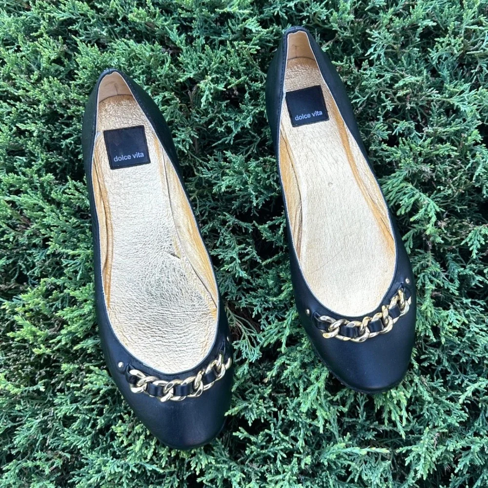 Dolce Vita Women's Chain Link Accent Ballet‎ Leather Flats Size 9 Black